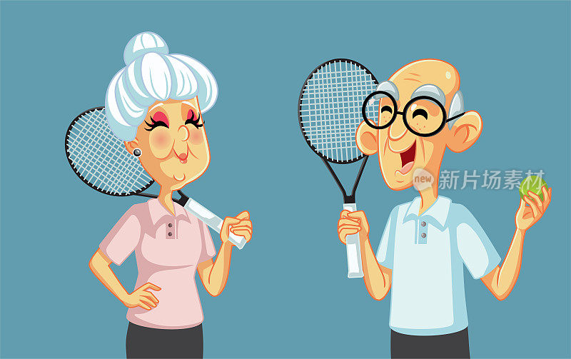 Grandparents Playing Tennis Together Vector Cartoon